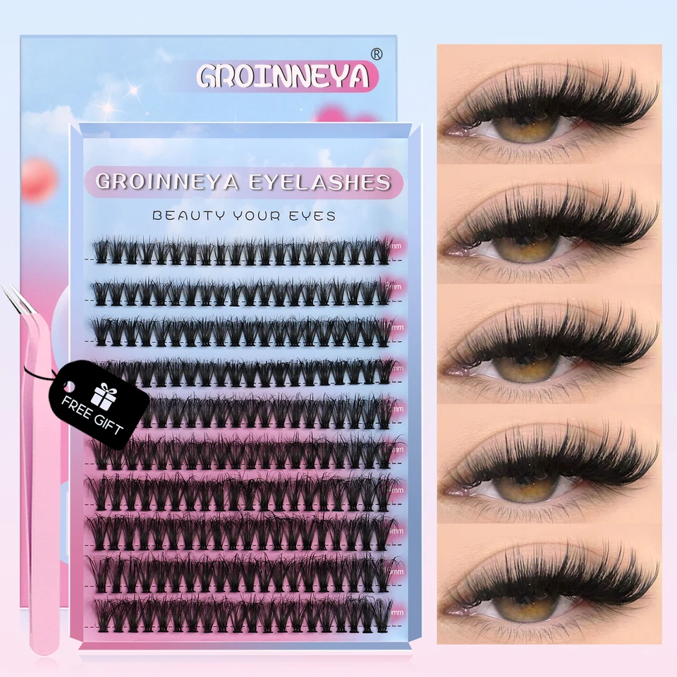 Groinneya Lash Extension Kit DIY Riasy klastre Ripov predĺženie 30D-120D Súprava Jednotlivé riasy s pinzetou Lash Bond & Seal