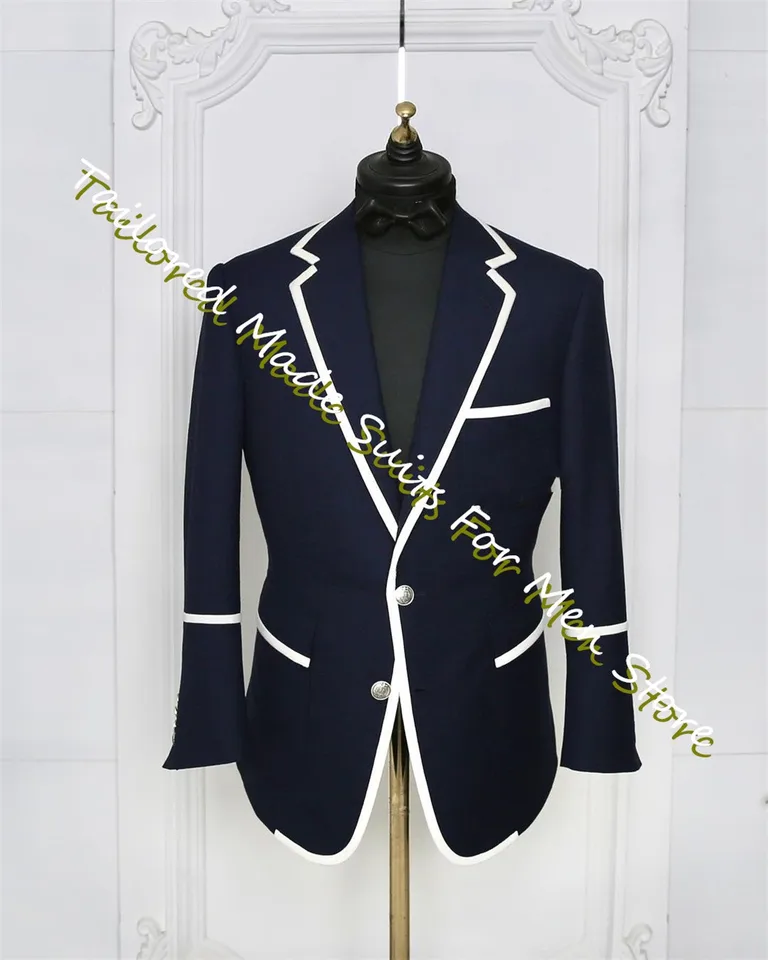 Groom Navy Blue Men's Tuxedo Slim Slim Dotkned 2 kusy ples šaty novinka v oblečení a sako single Breasted Male Blazers Sety