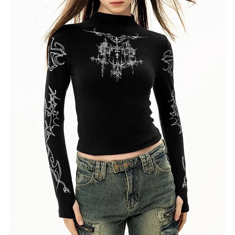 Grunge Dámske tričko Y2K estetika polovica vysokých krku Tees Grafická tlač s dlhým rukávom číre topy punk alternatívne plodiny topy emo