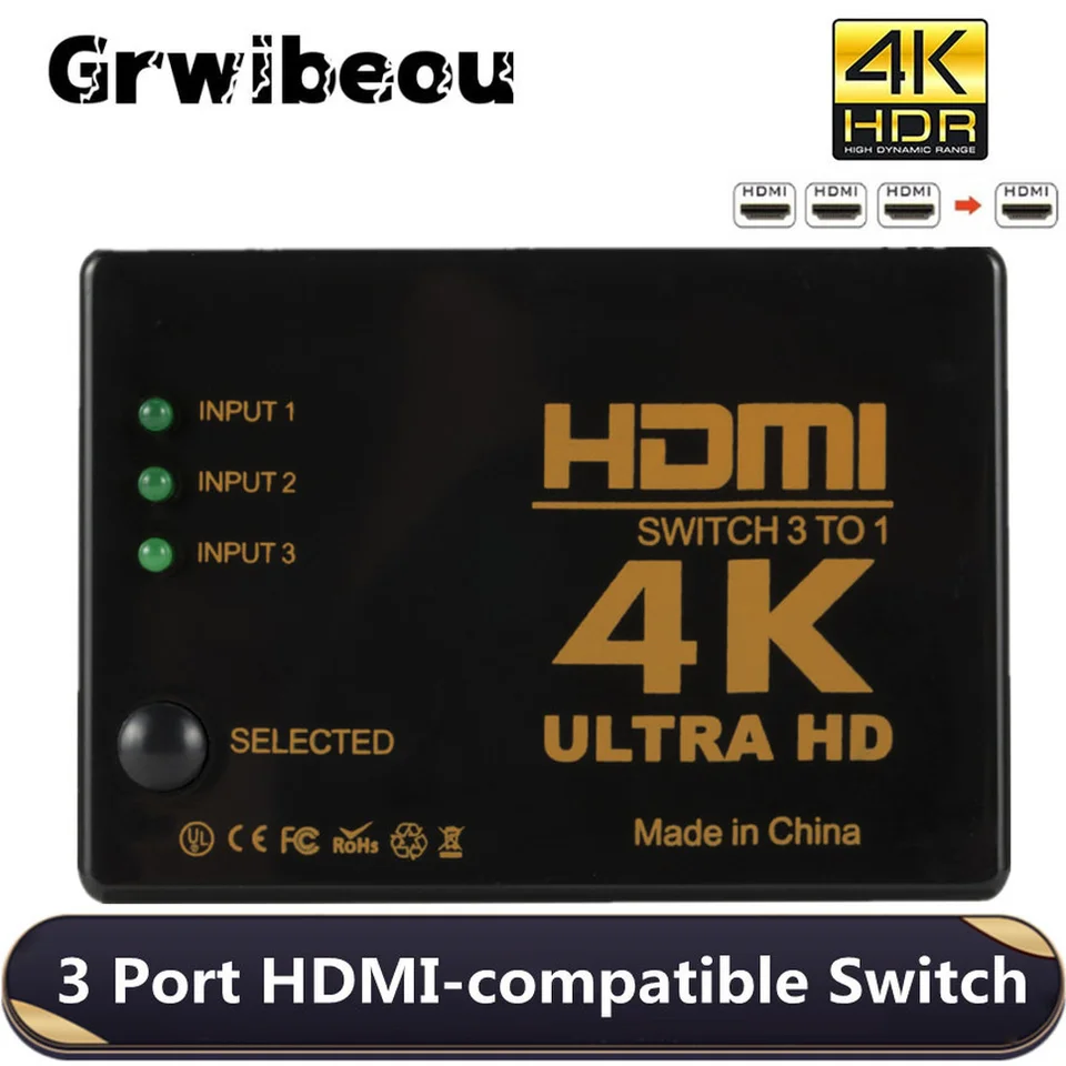 GRWIBEOU 3X1 4K HDMI prepínač HD Video Switcher Adaptér 3 Vstup 1 výstupný port HDMI Splitter Hub pre Xbox PS4 DVD HDTV PC TV TV TV TV