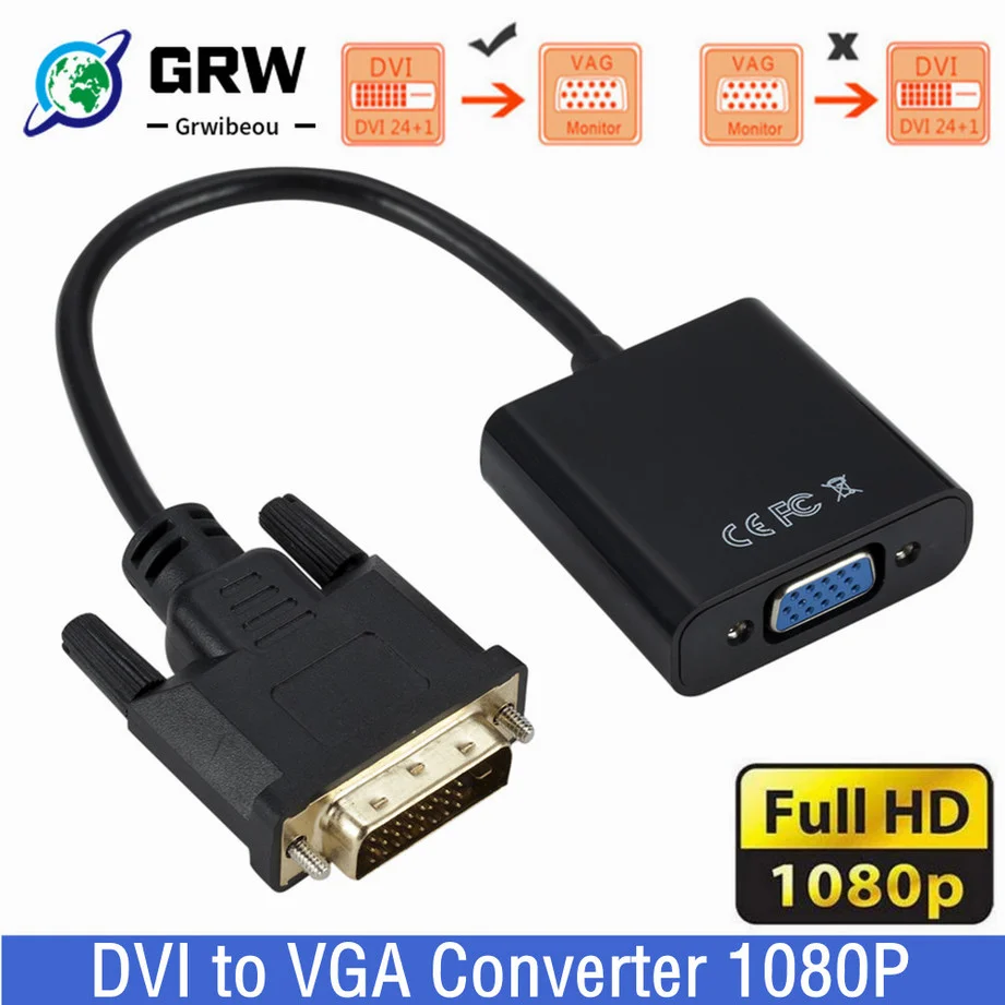 Grwibeou DVI na VGA Adapter HD 1080p DVI-D Muž do VGA Ženský adaptér 25 PIN do 15-kolíkového káblového prevodníka pre PC počítač Monitor