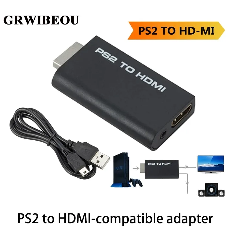 Grwibeou PS2 na HDMI kompatibilný adaptér zvukového video prevodníka 480i/480p/576i s 3,5 mm zvukovým výstupom pre všetky režimy displeja PS2