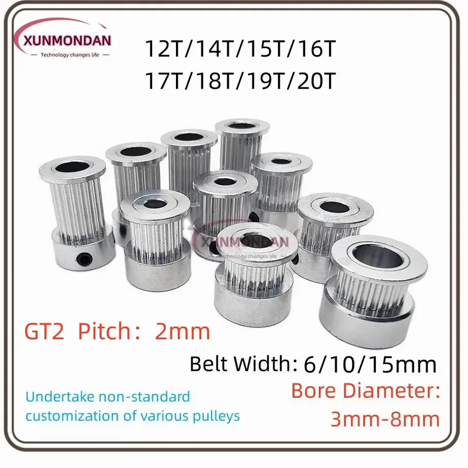 GT2/2GT Číslo zuby 12T/14T/15T/16T/17T/18T/19T/20T Časová kladka 3/3,17/4/5/6/6,35/8 mm pre šírku pásu: 6/10/15 mm pás