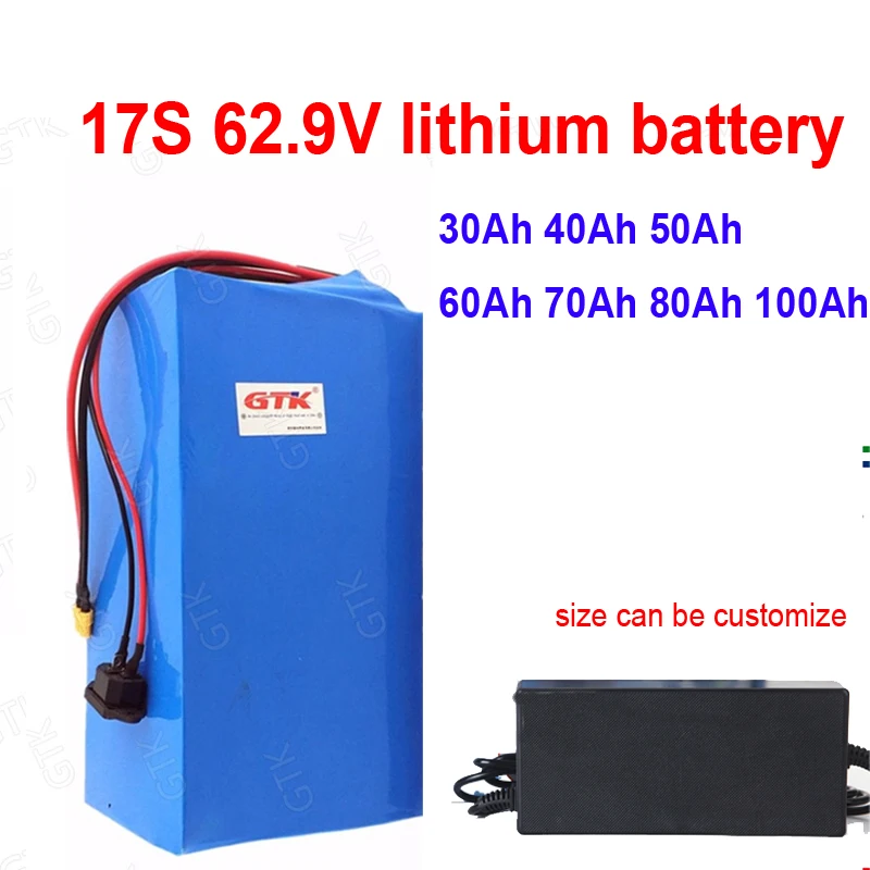 GTK 60V 80AH 40AH 62,9V 100AH ​​LI-ION BATTERIÁL BMS 17S 30AH 62,9V 50AH 60AH Littium pre 3000 W Scooter Bicycle Motocykel + nabíjačka