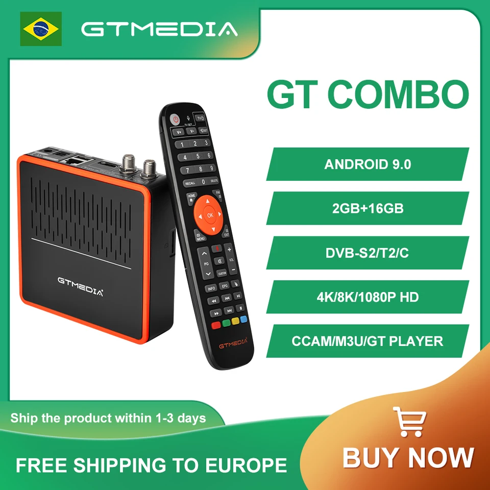 GTMedia GT Combo Android Box 4K 8K HD 4: 2: 2 Android 9,0+DVB-S2X/T2/C Dekodér prijímača 2GB+16GB GTC Android Box