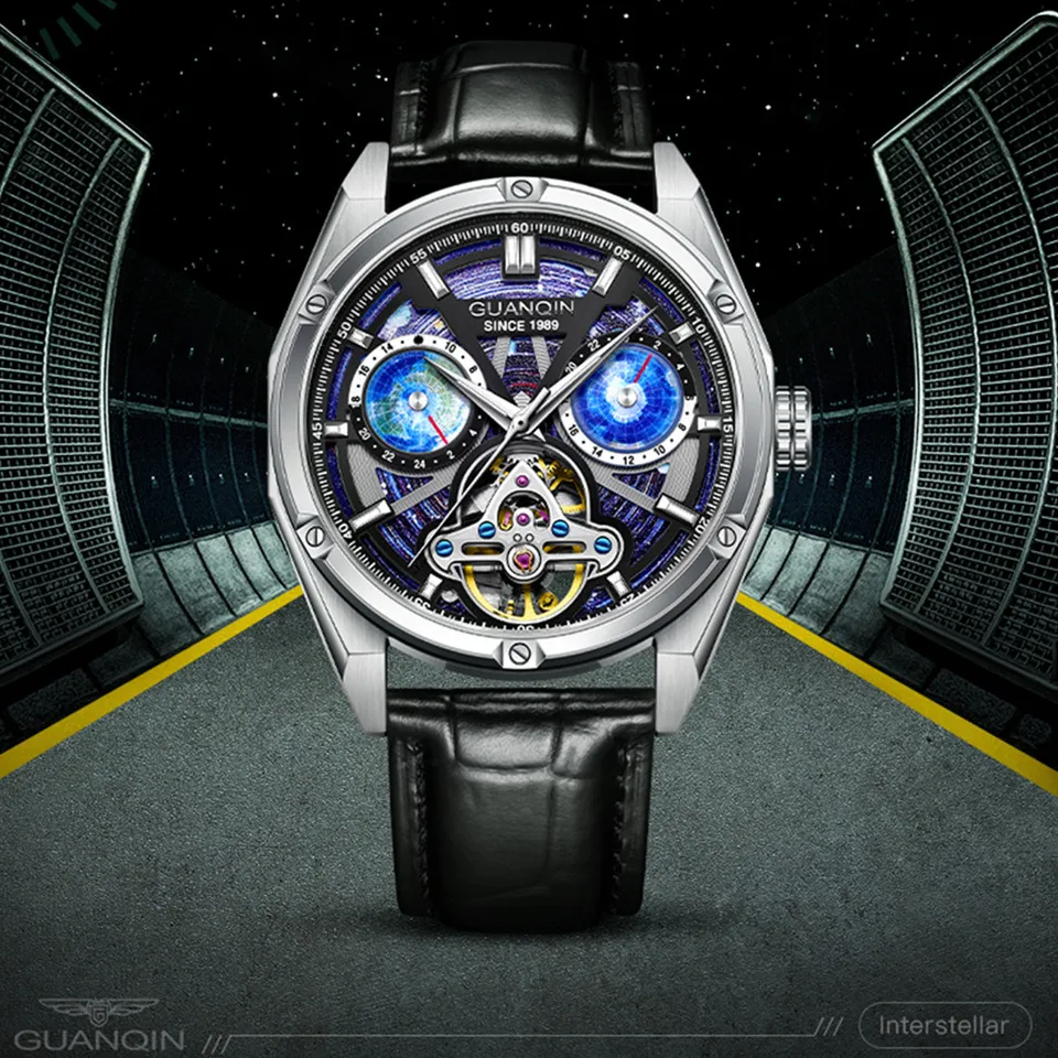 Guanqin Tourbillon Mechanické luxusné pánske hodinky Luminous 50 metrov vodotesná oceľová škrupina hodinky Sapphire Multi Time Zone Man Watch