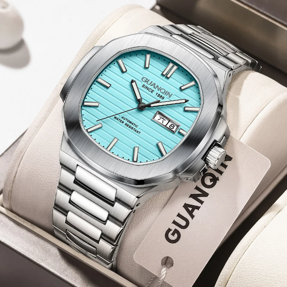 Guanqin Vodotesný kalendár Mechanické muži hodinky Športové luxusné žiarivé z nehrdzavejúcej ocele Top značky Sapphire Watch for Men