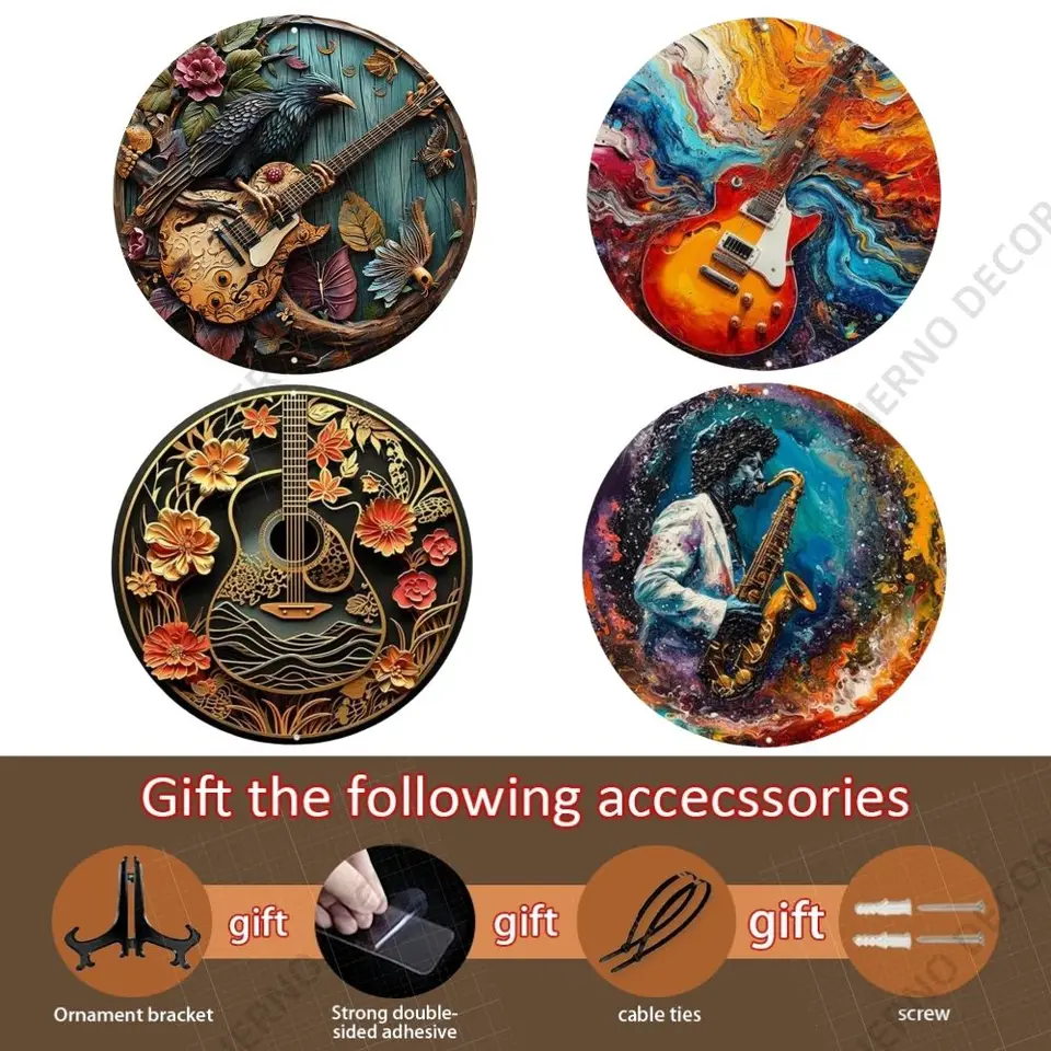 Guitar rocková hudba Téma okrúhla kovová hliníková značka Hippy Desktop Dekoratívne taniere pre barovú kaviareň Club Yard domáca kancelária Decor Decor Decor