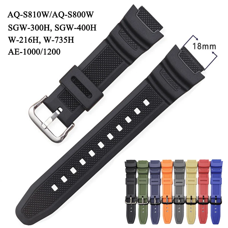 Gumový remienok pre Casio AE-1000 1200 AQ-S810W SGW-400H W-735 218 Men Men Universal Sport Waterproof PU Nahraďte hodinky 18 mm