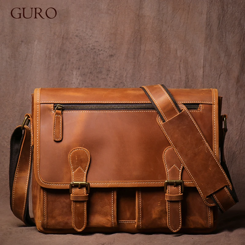 Guro Vintage Crazy Horse Leather Messenger Bag Pánsky pravý luxusný pračie vrecká na rameno Kanceňa Križovatka 12,9 palca iPad