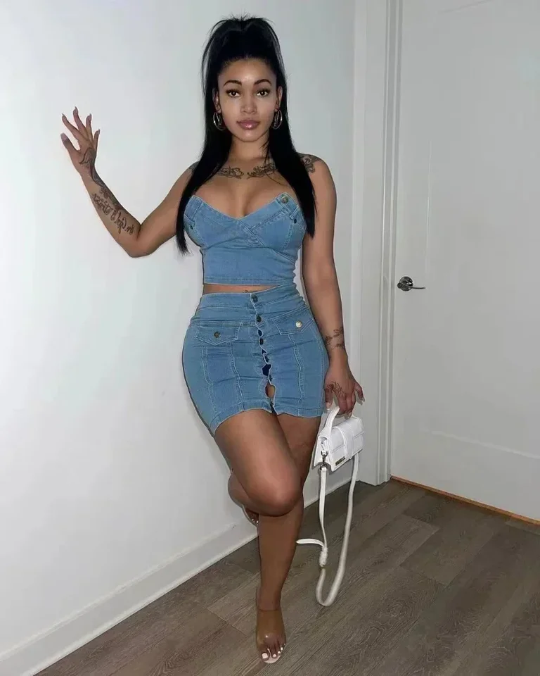 Guwu Denim Sexy Women Set bez ramienok V-golla v plodine a gombíka predná sukňa Bodycon Mini sukňa 2024 Jean Dva 2-kusové súprava outfit