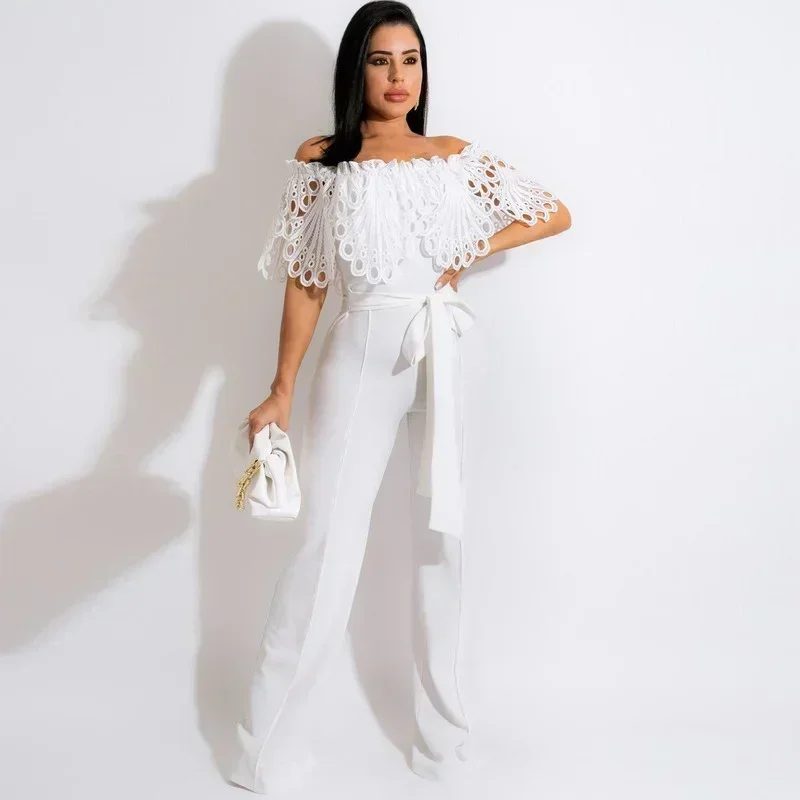 Guwu Women Lace Butterfly Ruckve široká noha s krídlami Sashes Summer Elegant One Piece Celkovo kombinéza