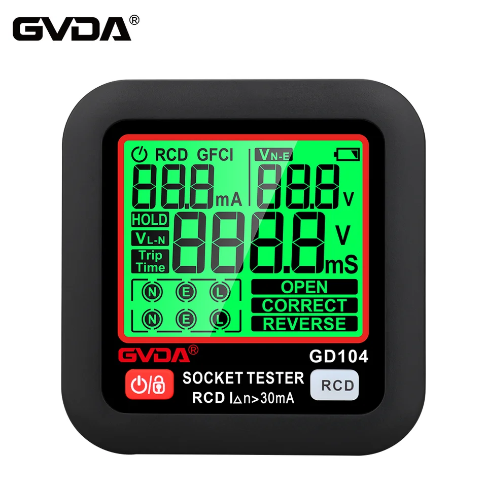 GVDA Digital Socket Tester EÚ zástrčka inteligentný detektor napätia Intelligentné testovanie úniku Multifunkčná fázová sekvencia RCD tester