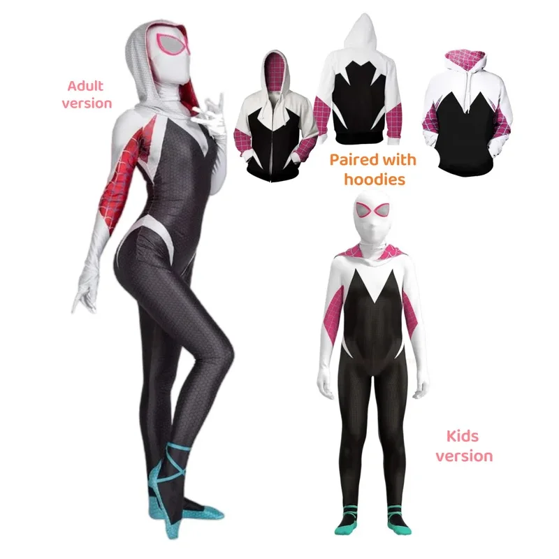 Gwen Spid kostým pre deti a dospelý biely pavúk dievčenská maska ​​3D štýl Halloween kostýmy Cosplay Suiter Body SbecksuitA