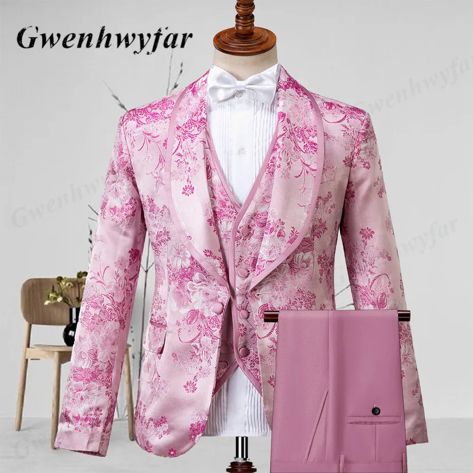Gwenhwyfar Pink Men Tuxedos Floral 2022 Vysoko kvalitné mužské párty smädní 3 PCS Slim Fit šatový klopa s ppingovými lesklými nohavicami