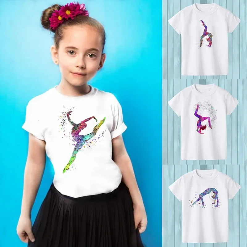 Gymnast tanečné oblečenie cosplay tričko tanečník tanečník akvarel dúhová gymnastika umenia dievčatá Tops tops tops detské streetwear bedr