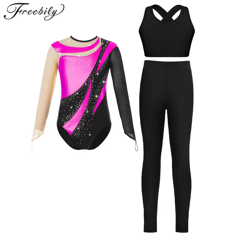 Gymnastika kombinézy pre deti dievčatá Dievčatá baletné oblečenie s dlhým rukávom Yoga Bodysuit Dancewear Sets