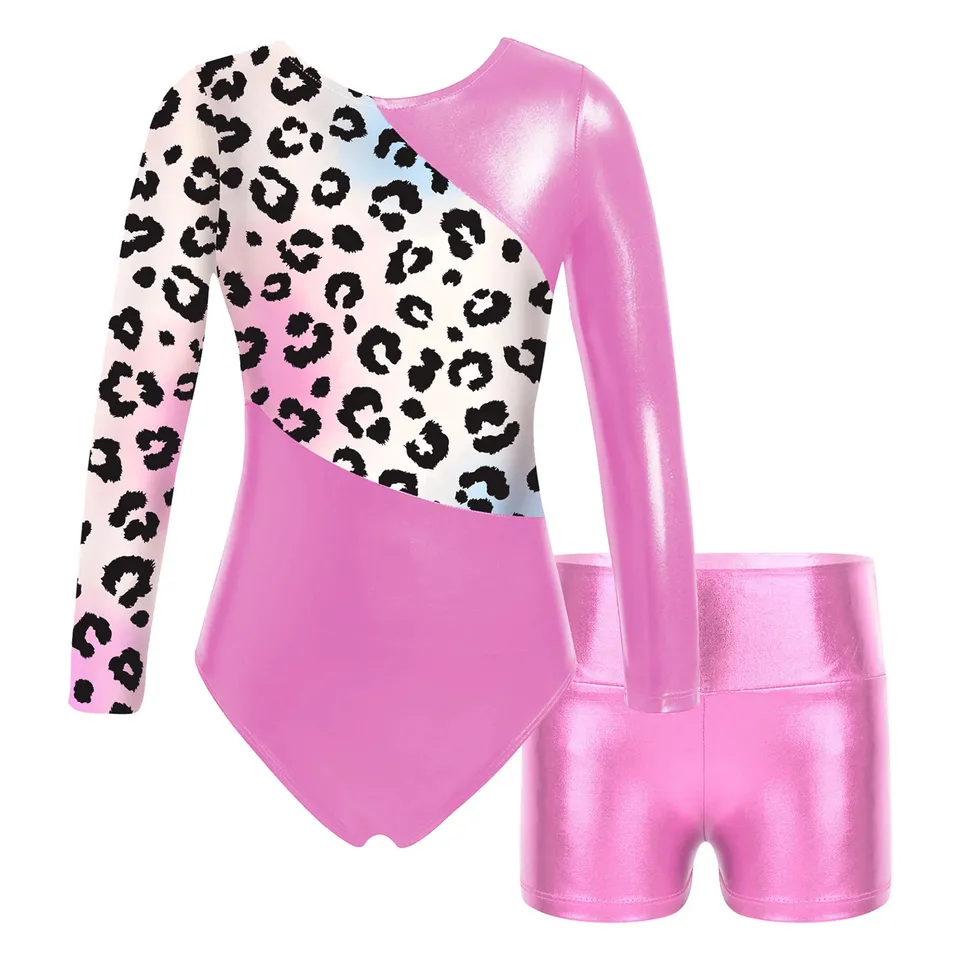 Gymnastika pre deti Gymnastika Bodysuit bronzing dlhých rukávov baletné tanečné súprava cvičenie krasokorčuľovanie Unitard s šortkami outfit