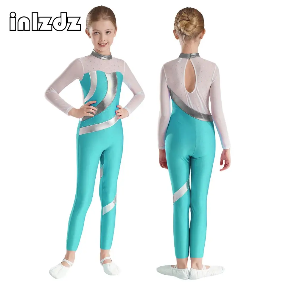 Gymnastika pre deti Gymnastika Čiare sieť s dlhým rukávom Balet BodySuit Metallic Contrast featur figulár