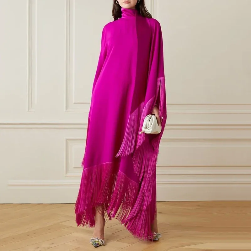 Gymystars večerné šaty ženské maxi šaty nové elegantné fuchsie rozdelené kĺbové pápežné batwing rukávy s vysokým obsahom krku voľné oblečenie