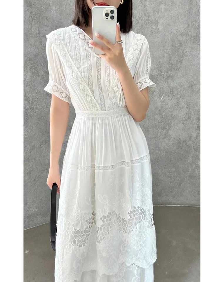 Gypsylady kvetinové vyšívanie elegantné midi šaty biele bavlnené letné boho ženy odstupňované šaty Puff rukávy číre sexy dovolenka Vestido