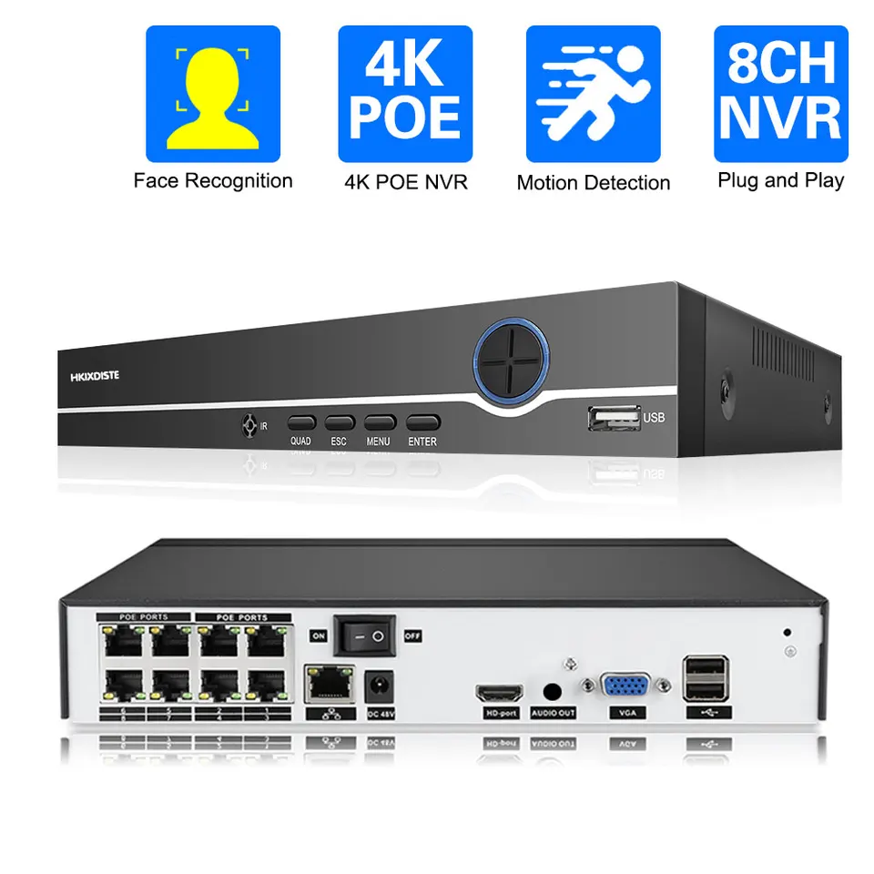 H.265 8ch detekcia tváre 4K Poe NVR Audio Out Security Dohľad siete Video rekordér až do 2MP 5MP 8MP PoE IP Camera P2P
