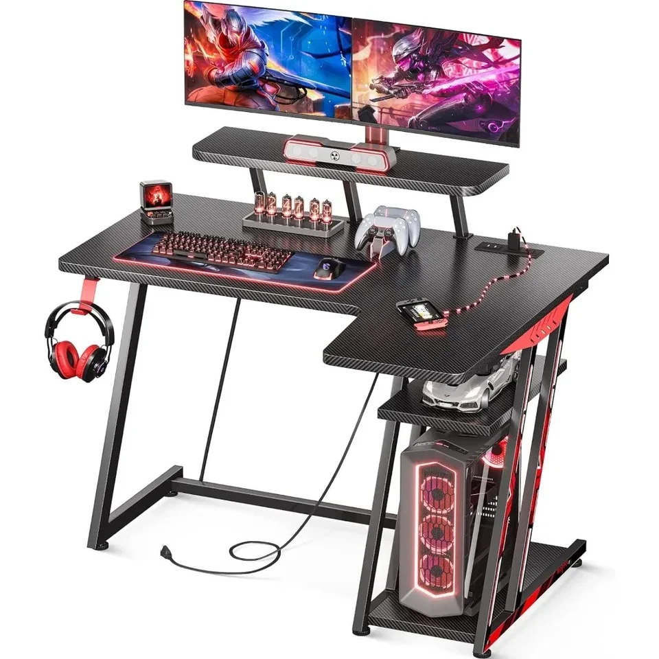 H Gaming Desk s LED svetlami, malý rohový počítačový stôl 39 palcov s výkonovými zásuvkami, herný stôl s poličkou úložiska PC