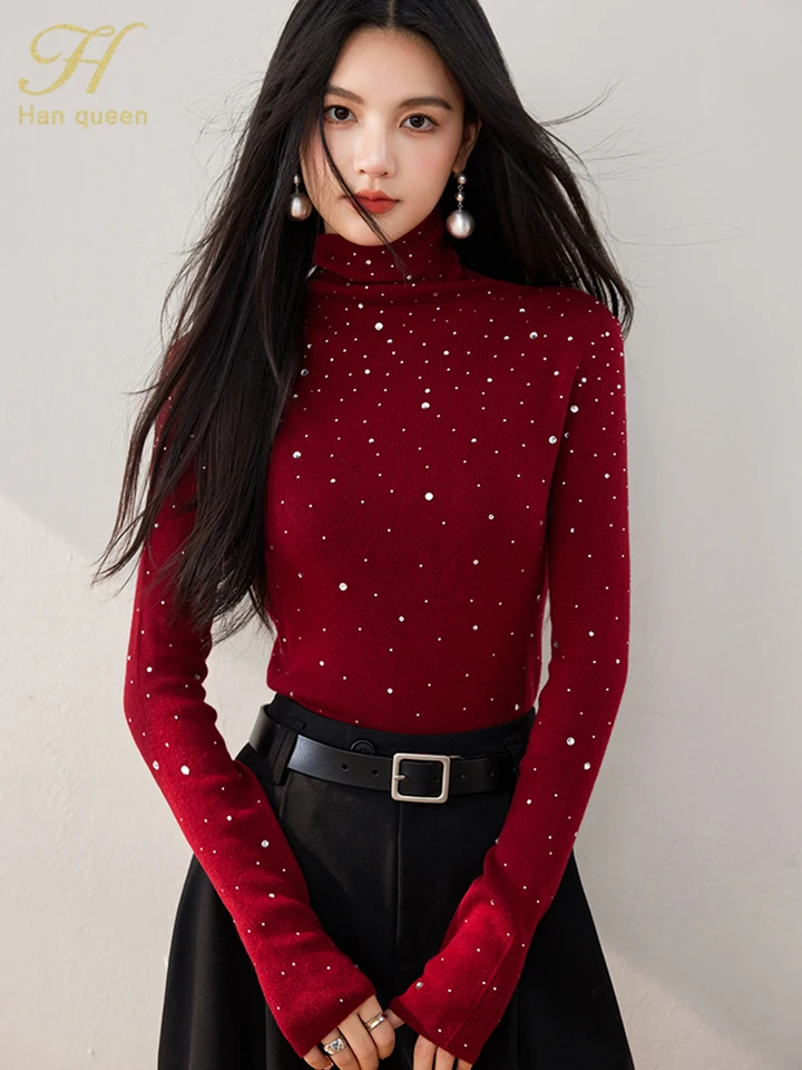 H Han Queen 2024 Jesenný víťaz Red Shinestone Bottom Knitwear Fashion Pullover Sweater Dámske oblečenie