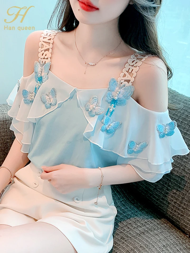 H Han Queen New Butterfly výšivka Ruffy Office Blusas Vintage Tops jednoduché elegantné šifónové blúzky Ženy ležérne košele