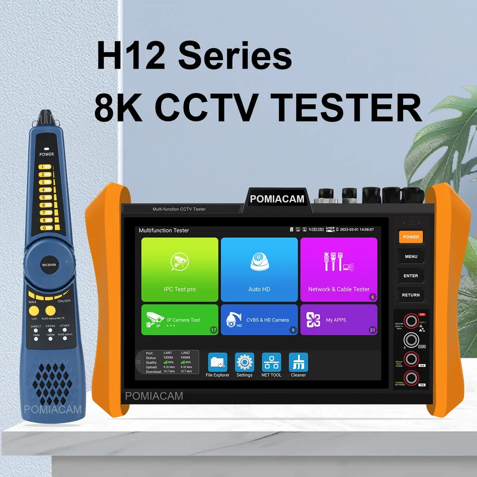 H12ClMovtadHSef CCTV Tester 8''Screen 8MP CVI/TVI/AHD/SDI HDMI/VGA VSTUP ALT IN-INE 8K H.265 IP TESTER CAMERA PoE ++, Modul SFP