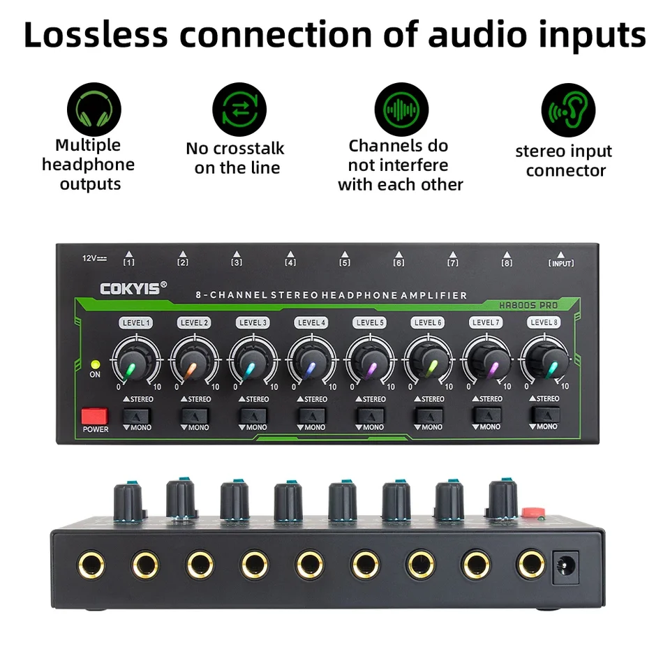 HA800 PRO 8 kanálový zosilňovač pre slúchadlá Audio AMP Ultra-kompaktný stereofónny zvukový zosilňovač s napájacím adaptérom pre hudobný mixér