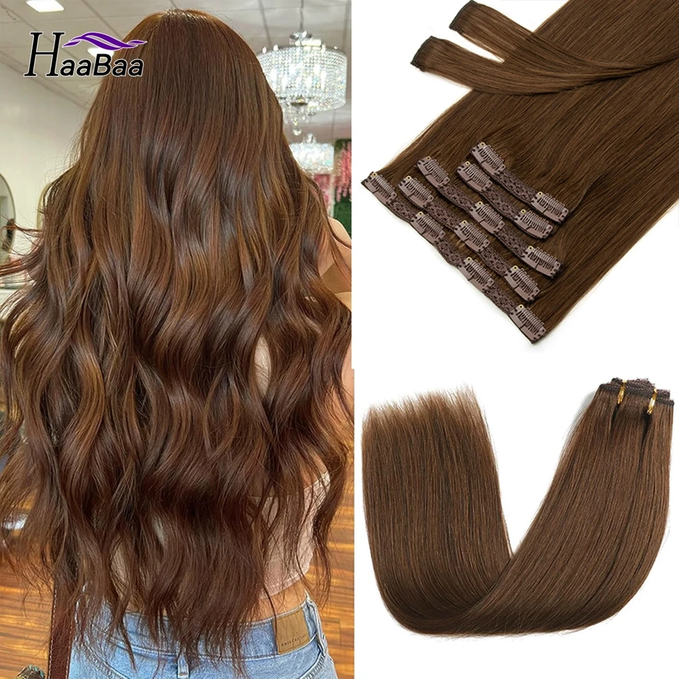Haabaa Natural Brown Human Human Hair Clip v predĺžení 12-24 palcov bezšvový klip Ins Human Hair 7ks/set 100g-120g 4# pre ženy