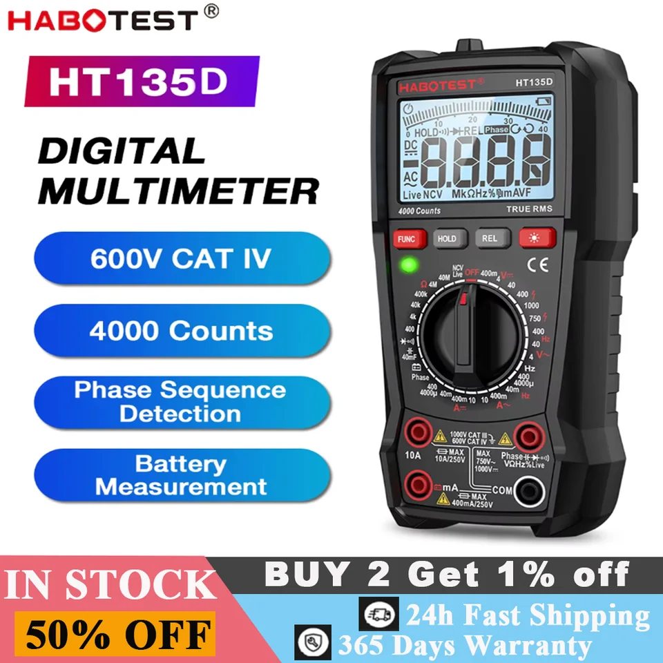 Habotest HT135D/A Digitálny multimeter LCD 4000 TRUE RMS Počíta napätie Prúd Capacitance Frekvenčné napätie batérie batérie