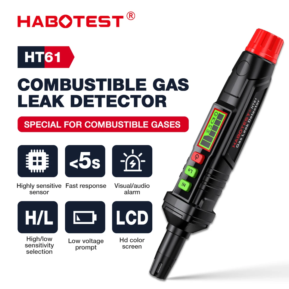 Habotest HT61GAS detektor detektora zemného plynu detektor s počuteľným a vizuálnym alarmovým prenosným plynným sniferom na lokalizáciu horľavého úniku