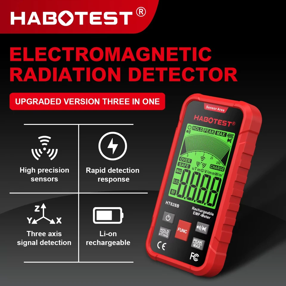 Habotest HT628 EMF Meter Elektromagnetické žiarenie tester Elektrické pole Magnetické pole RF Radiačný rádifrekvenčný detektor