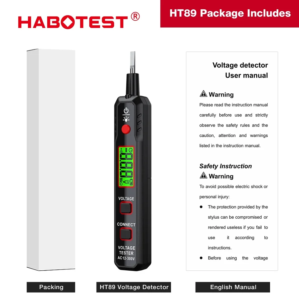 HaboTest HT89 AC 12V-300V DETEKTOR DETEKTOR PEN Breakpoint Finder Test kontinuity Test Smart Indikátor Live tester Elektrické nástroje