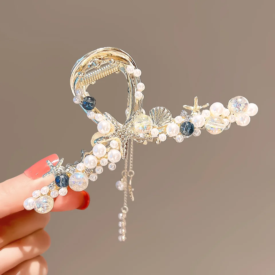 Haimeikang Pearl Tassel Hair Claw pre ženy zadná hlava vlasy Kraby módne škrupina Hviezdna pokrývka kadernícke príslušenstvo