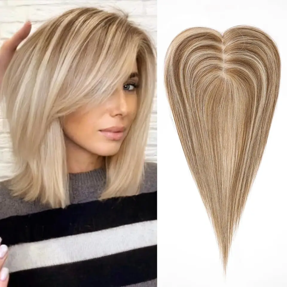 Hair Topper pre ženy Reálne ľudské vlasy zmiešané blond a hnedé vlasy ručne vyrábané čipkované základné klip v kryte na vypadávanie vlasov