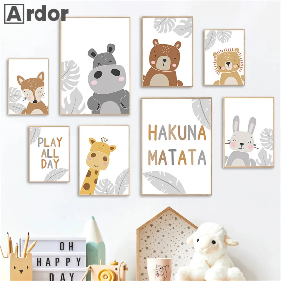 Hakuna matata plagát líška medveď králičie hippo žirafy plátno tlače škôlka maľba maľba Nordic Wall Pictures