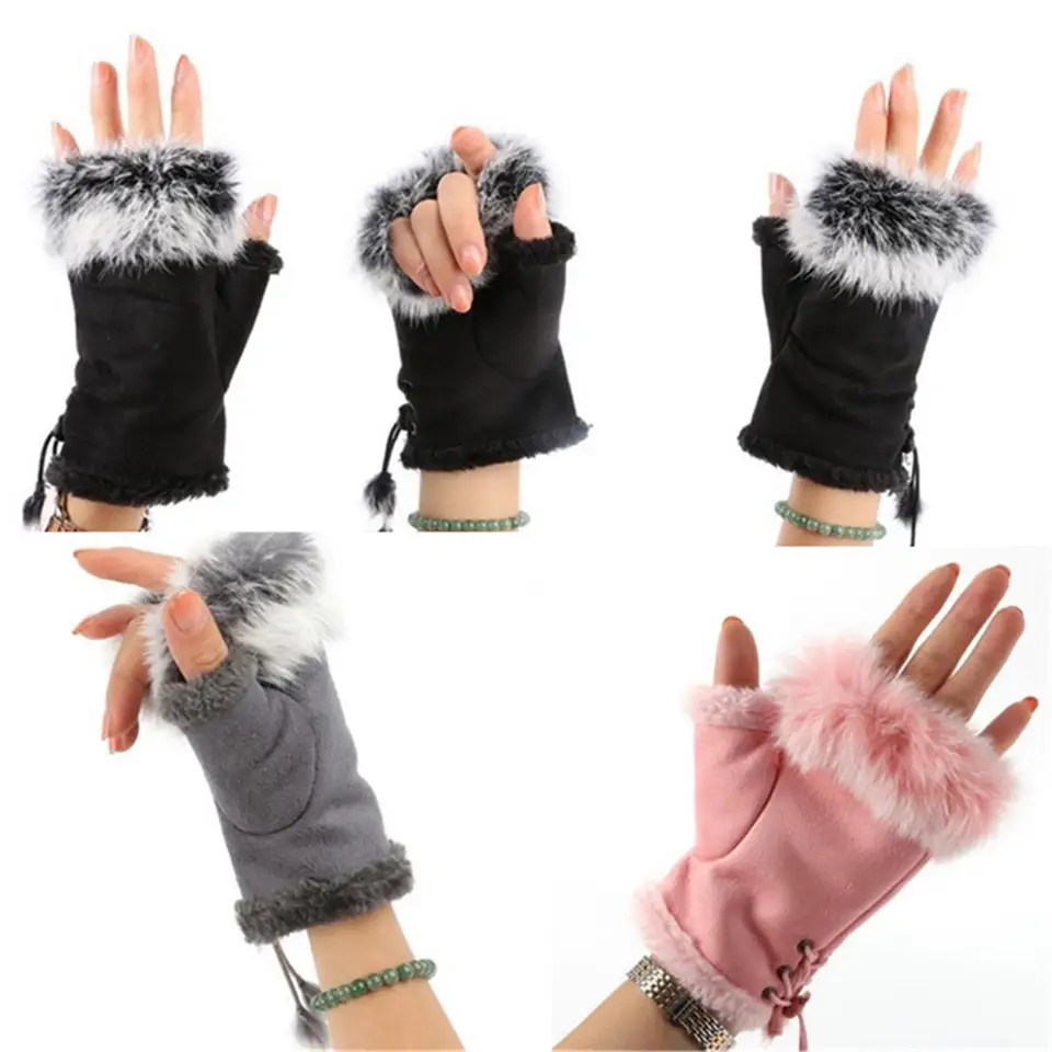 Half Finger Ženy Mitten Roztomilé plyšové/semišové kožené rukavice Vysoké kvalitné rukavice s vlasovými zápästiami králikov pre dámy bez prstov