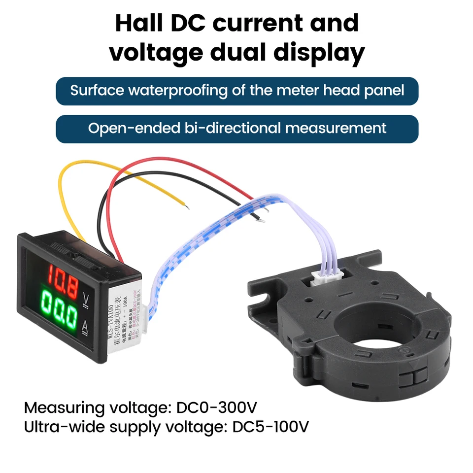 Hall Ammeter Voltmeter Hall Sensor DC 0-300V ± 50A 100A 200a 400A Monitor batérie LED Digitálneho prúdového napätia DC 5 ~ 100V