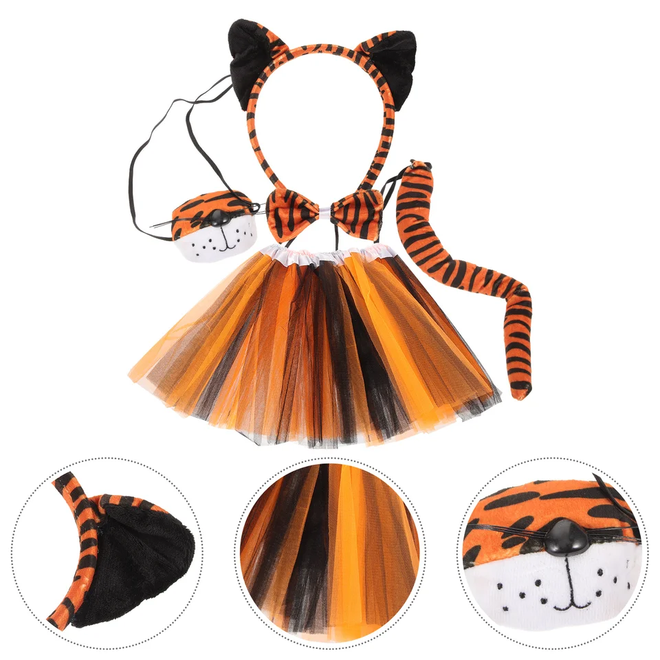 Halloween Animal Headband Tiger Ears Gázový sukňa sada vlasov nosenie dievčaťa Cosplay Kit tkanina rekvizity chvost dieťa dieťa