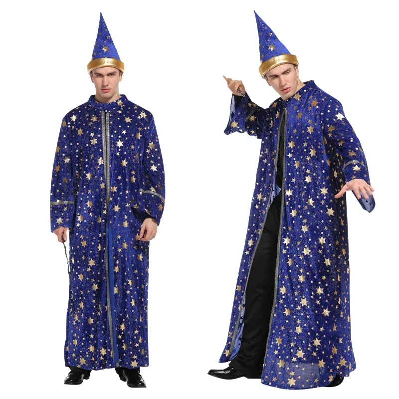 Halloween Blue Rúch a klobúk hviezda Moon Magic Magic Magician Sprievodca kostým Cosplay dospelých mužov pódium Performance Party