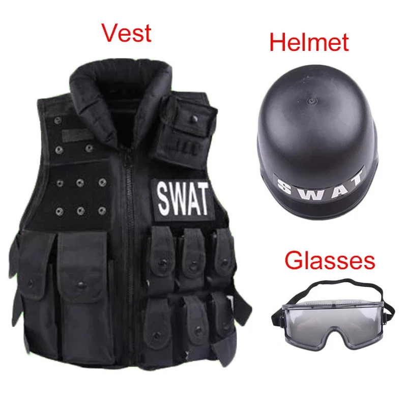 Halloween Carneval Children Cosplay Police Bulletproof Aflage Bezpečnostná prilba okuliare pre výšku detskej výšky 110 cm-150cm PA8491
