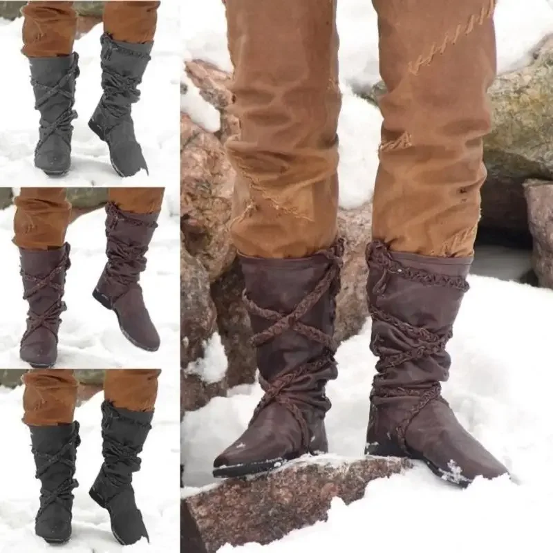 Halloween Cosplay stredoveké viking pirátske kostýmy retro mužské topánky Mid-Calf Winter Boot Knight Women Bandage Gothic topánky