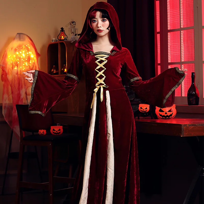 Halloween Cosplay Ženy Stredoveké retro retro súdne s kapucňou princezná šaty gotické elegantné čarodejnícke čarodejnice čarodejnícke štvorcové sukňa