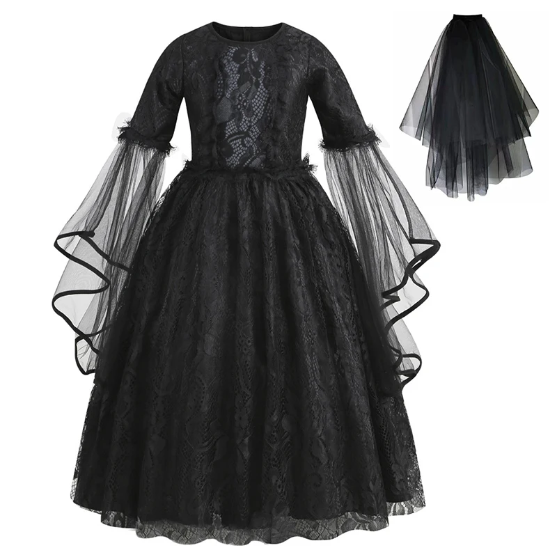 Halloween deti duchovné nevesty Cosplay kostým deti Čierne gotické cosplay šaty dievčatá zlo čarodejnice obliekajú oblečenie elegantné šaty