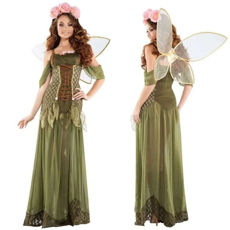 Halloween dospelé ženy anjel Elf kvetinové kostýmy sliepky sliepky rozprávka Tale Green Forest Cosplay Fantasia Fancy Dress