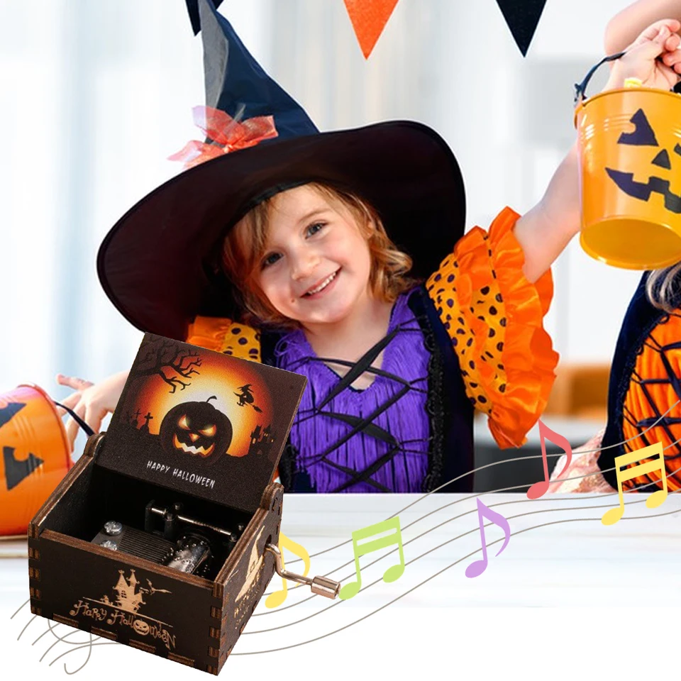 Halloween Drevené starožitné vyryté hudobné box Fright Night Musical Box Gravír