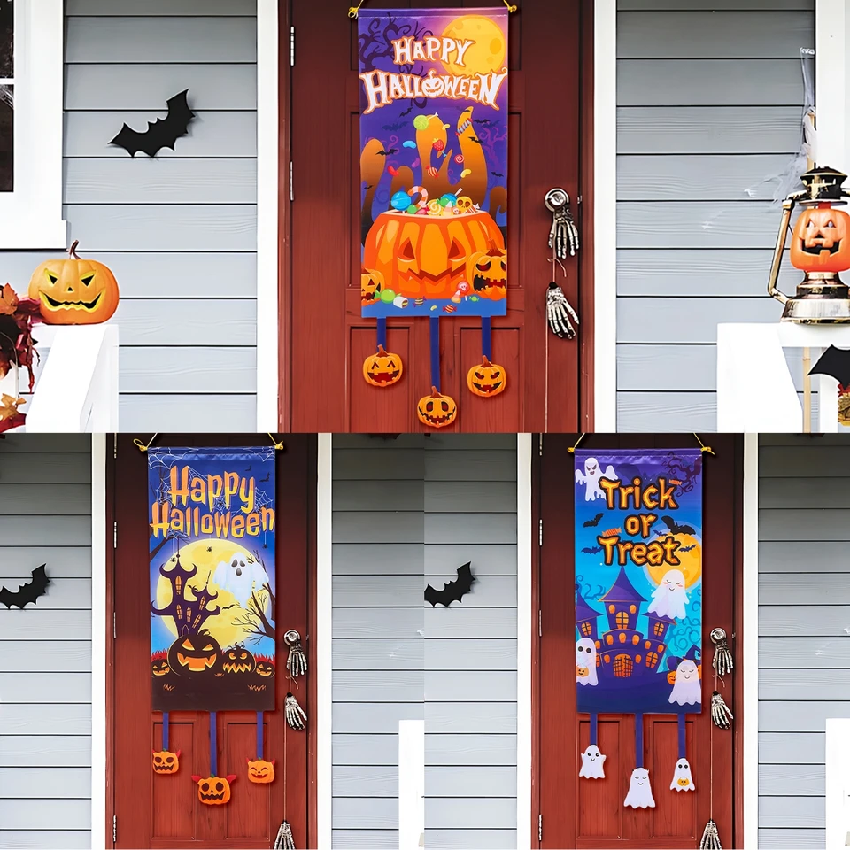 Halloween Dvere Hanging Banner Castle Pumpkin Ghost Witch Hatick Trick alebo Treat Welcome Sign Halloween Party Decor pre Homr 2024